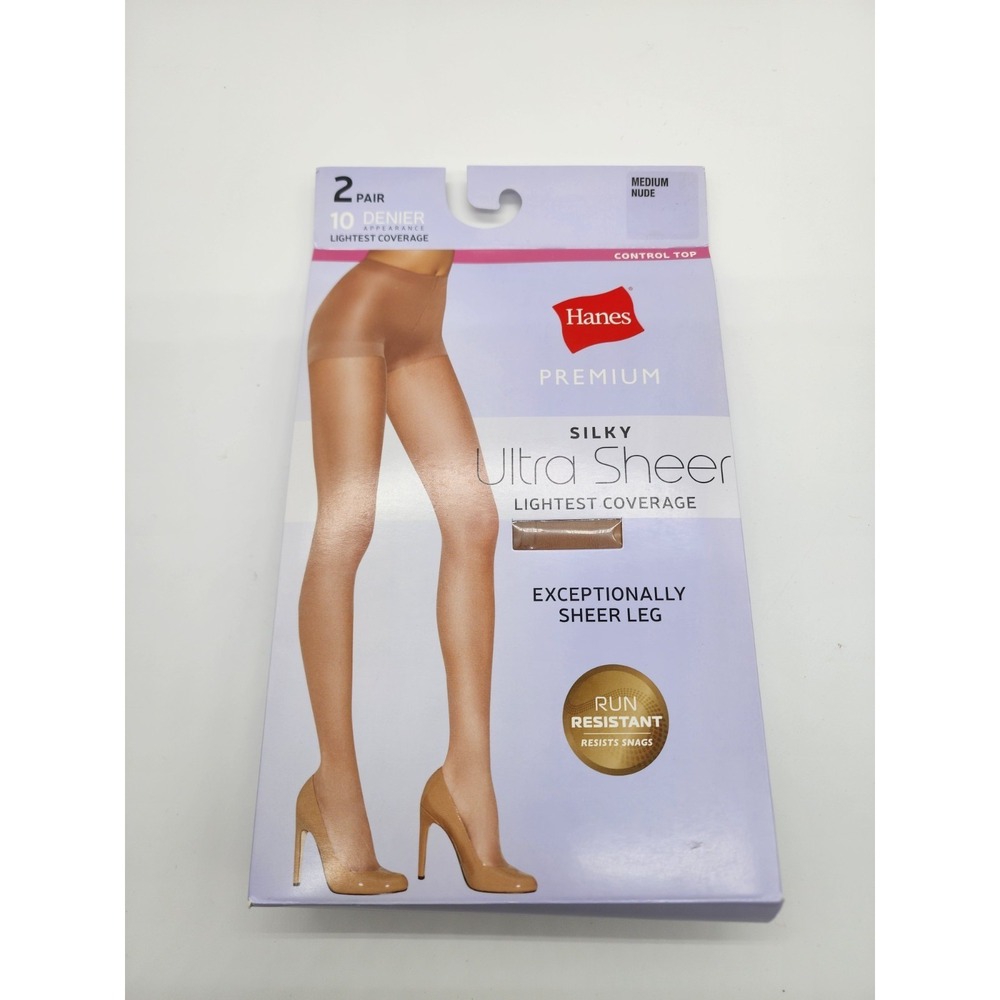 Hanes Premium Silky Ultra Sheer Run Resistant Medium Nude Pantyhose- NIB 2 Pack
